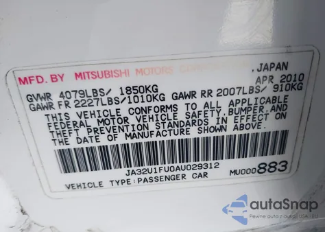 2010 Mitsubishi Lancer De from USA, damaged, VIN JA32U1FU0AU029312